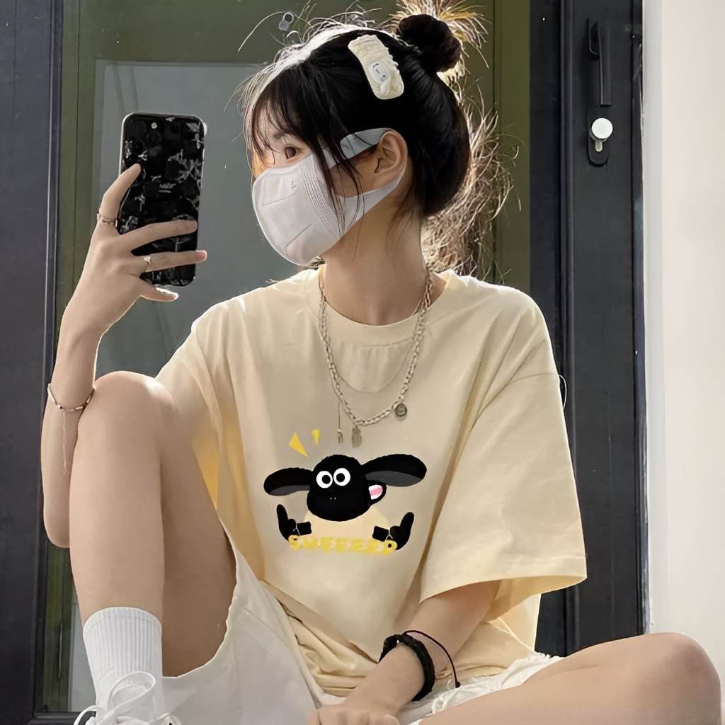 Áo thun local brand mặc đôi đơn nam nữ unisex phông trơn coton from rộng tay lỡ và croptop hình cừu A076 L66studio