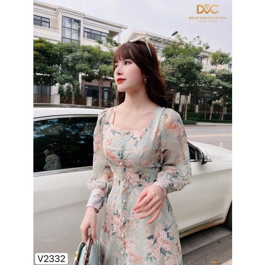 Váy Voan Hoa Nhí Xanh Cổ Vuông Dài Tay - 2332 - CM