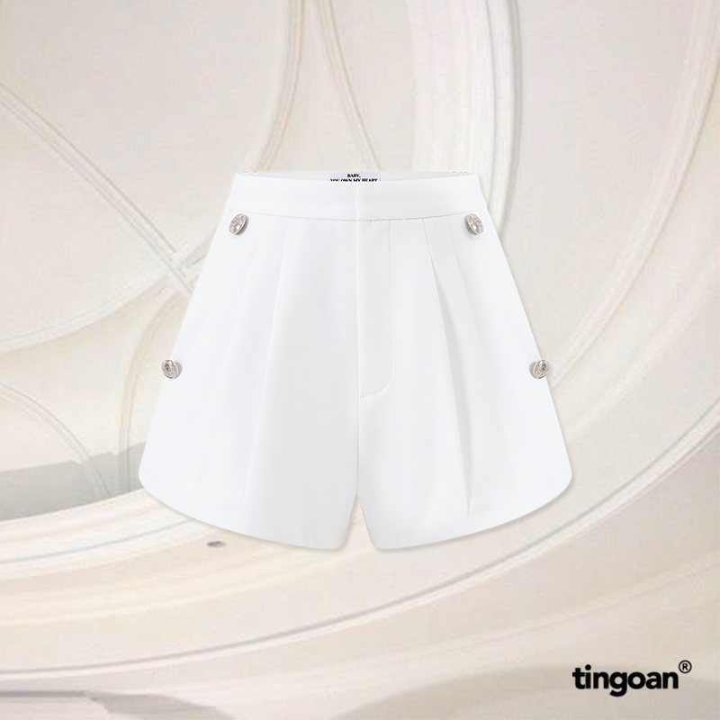 TINGOAN®  -  Quần shorts ngắn trắng cạp cao nẹp ruy băng đính kèm cúc ANTI MONEY SHORTS/WH