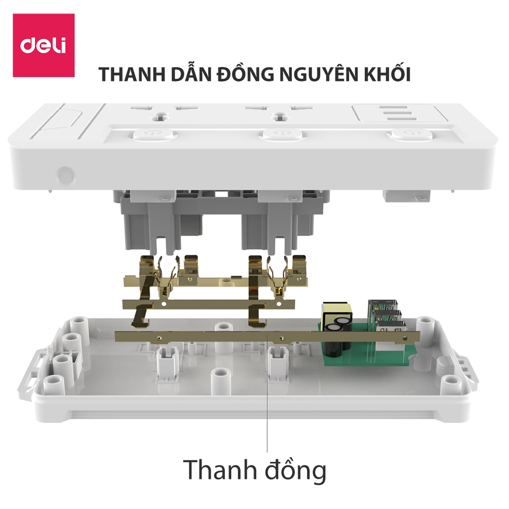 Ổ Cắm Điện Tích Hợp Cổng USB Đa Năng Deli, 2-6 Lỗ Cắm Đầu 3 Công Suất 2500W, Dây 2-5M Tiện Dụng, An Toàn, Chống Cháy Nổ