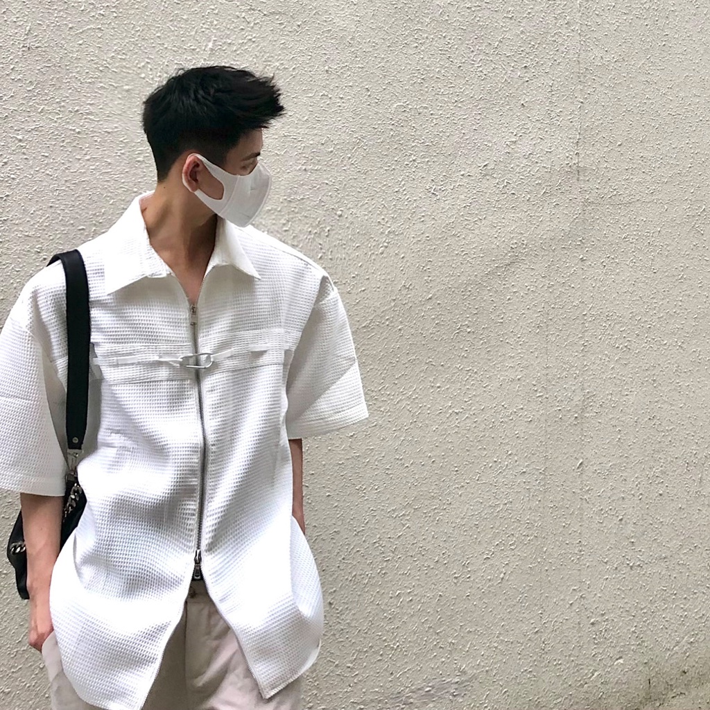 Áo Sơ Mi Ngắn Tay Phối Khóa Kéo Thời Trang Xu Hướng Trẻ Trung Cho Nam
