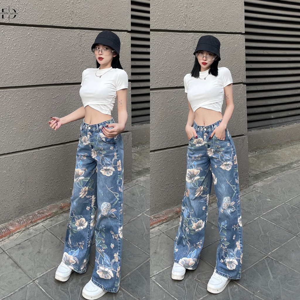 Quần jean suông QJ0043 Delys quần cạp cao hoạ tiết in hoa cá tính