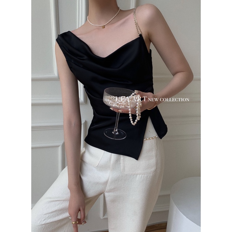 Chính Hãng Cao Cấp Áo Dây Xích Xẻ Tà Xếp Ly Lệch Vai Phối Xích Phong Cách Pháp ins Cho Nữ