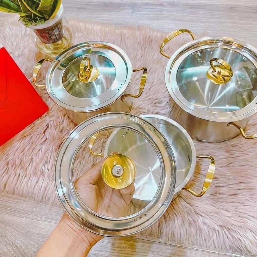 Bộ Nồi 3 Món Inox 304 Cao Cấp MISU LOUIS 18CM-20CM-22CM Chính Hãng, Đáy Liền Nguyên Khối 3 Đáy, tay cầm cách nhiệt an to