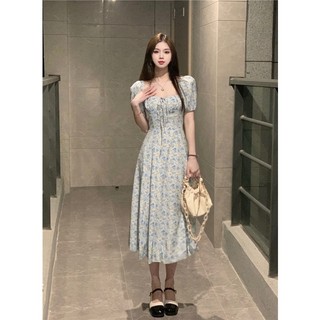(ORDER) Váy hoa nhí tay phồng cổ vuông thắt nơ thon eo xòe dài màu hoa xanh nhạt nhẹ nhàng điệu đà (Hàng QCL1)