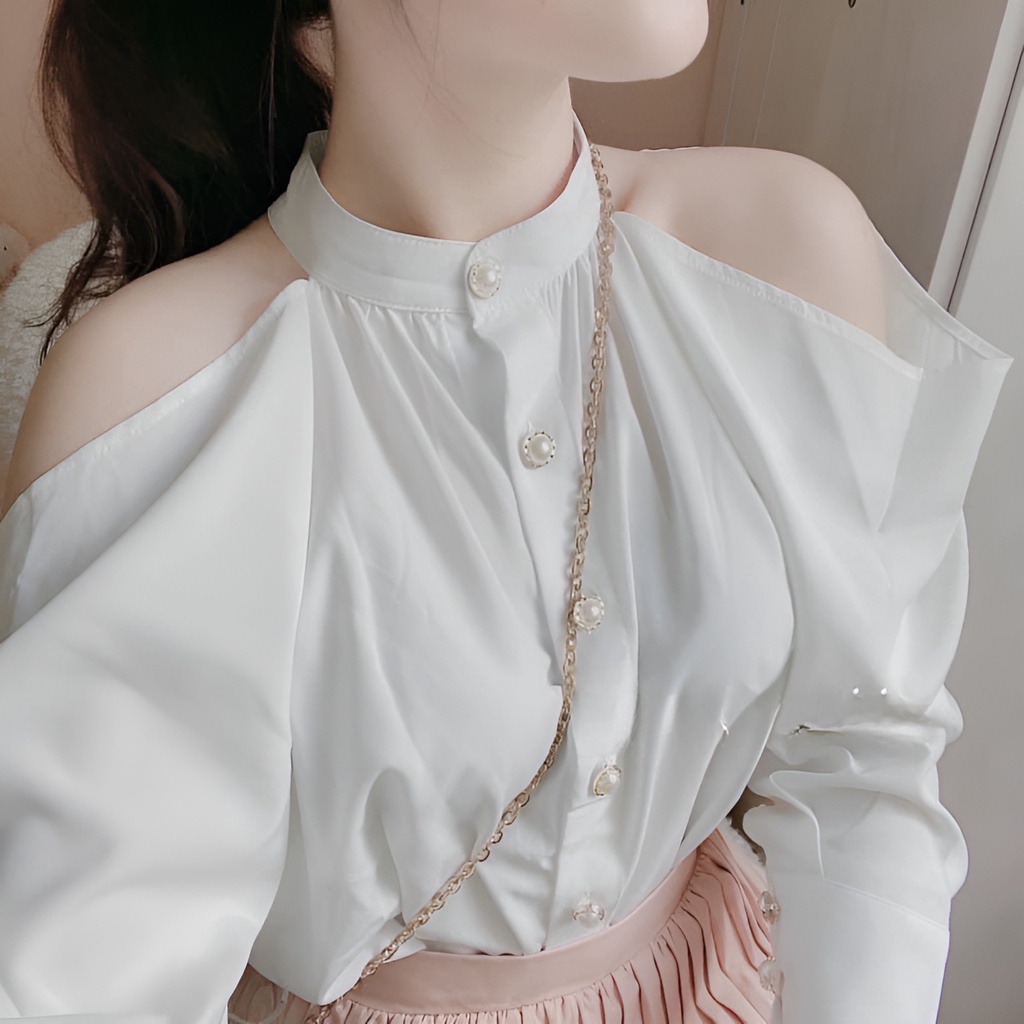 Áo sơ mi nữ tay dài nút ngọc khoét vai tiểu thơ vải chéo ý MÃ QL21