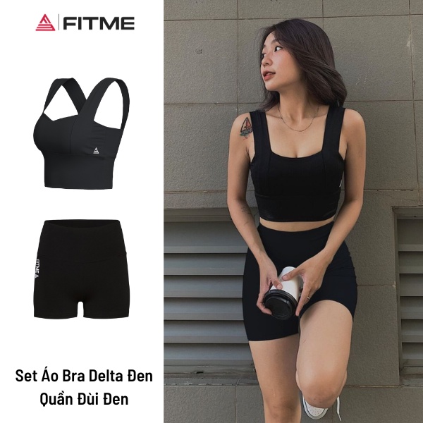 Bộ thể thao nữ Fitme áo bra tập gym Delta, quần legging đùi đen co giãn 4 chiều năng động thấm hút tốt