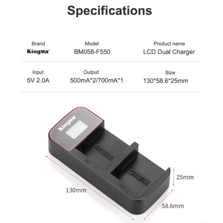 Sạc đôi LCD Kingma BM058-F550 cho pin F970/F570/FM500H - Có Màn Hình Hiển Thị Lượng Pin