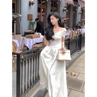 Váy Maxi Trễ Vai Pha Lụa Thô Mềm 2 Màu Có Ảnh Thật