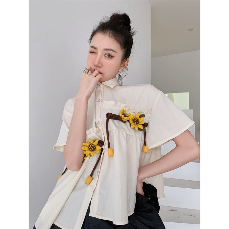 CÓ SẴN Áo sơ mi babydoll hoa cúc cotton cách điệu siêu lạ