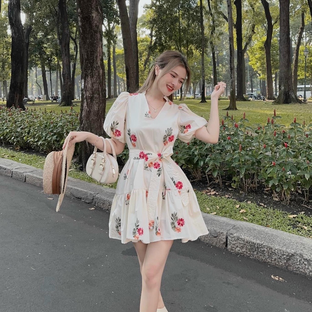 (FreeShip) Đầm babydoll tay phồng,đầm for in hoa trẻ trung kèm dây thắt eo