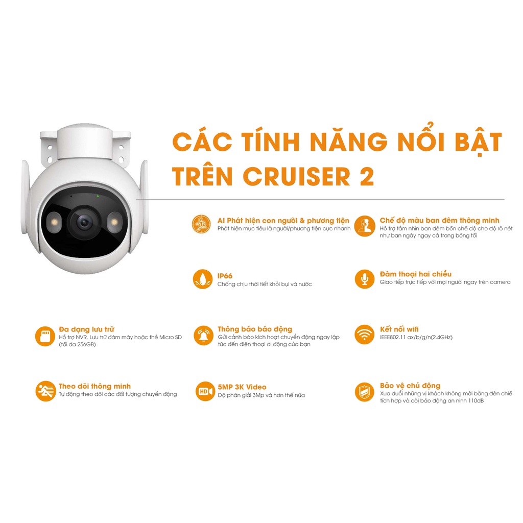 Camera WiFi IMOU Cruiser 2 5MP 3K IPC-GS7EP Ngoài trời Xoay 360, Đàm thoại 2 chiều, Cảnh báo thông minh Chính Hãng