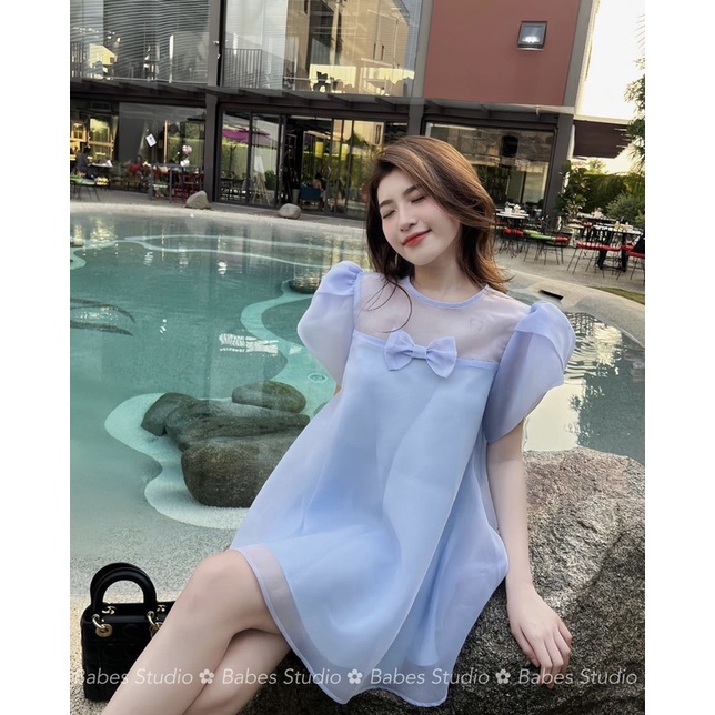 Váy Nữ Màu Xanh Ngọc Cổ Nơ Tay Bồng 2 lớp