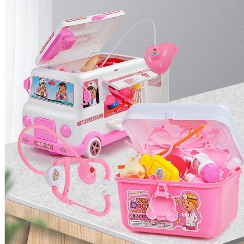 Ô tô đồ chơi bác sĩ xe cứu thương cho bé gái bé trai đóng y tá khám bệnh