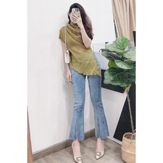 Quần Jean Skinny Ống Loe TRƠN XẺ GIỮA Lưng Cao Co Dãn Nhẹ Denim Nữ Leda Nấm Lùn