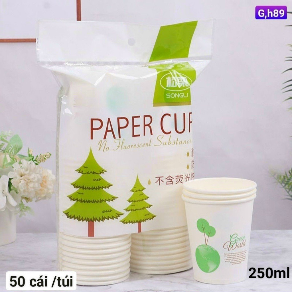 Set 50 Cốc Giấy Dùng 1 Lần 250ml, Chịu Nhiệt, An Toàn Cho Sức Khỏe, Thân Thiện Môi Trường , Tiện Lợi