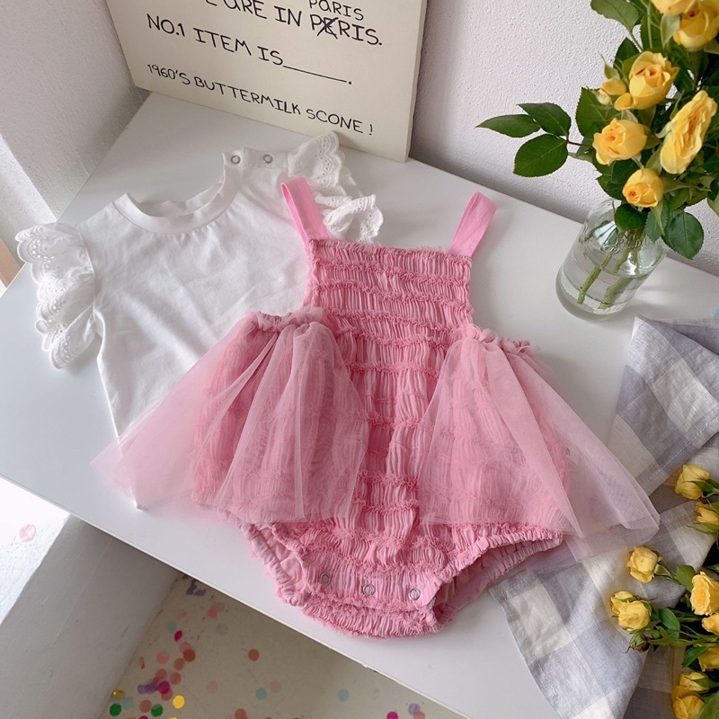 Set áo trắng tay ren kèm váy body hồng cho bé diện đầy tháng, đi chơi, đi tiệc, thôi nôi