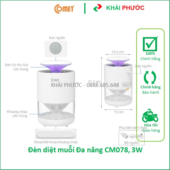 Đèn Diệt Côn Trùng COMET CM078 3W cắm điện trực tiếp, 8 bóng đèn LED, sử dụng tia ánh sáng tím và qu