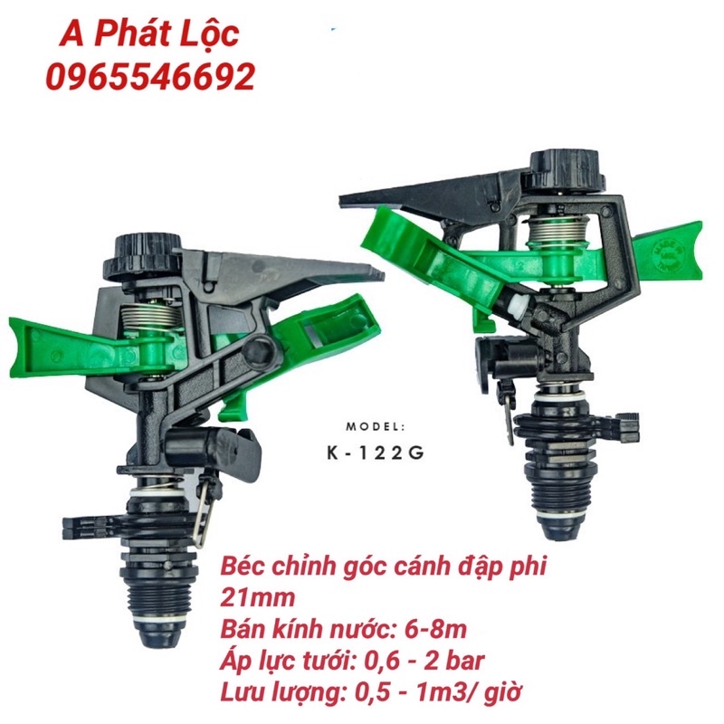 Béc tưới cây cánh đập tùy chỉnh góc K 122 G phi 21, vòi tưới cây,xoay 360 độ, ren ngoài 21mm, 1 vòi phun, bán kính
