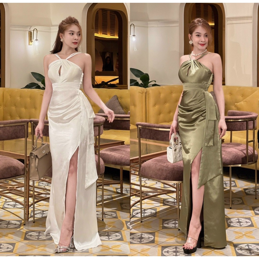 Đầm dạ hội sang trọng cổ yếm đẹp - Mua váy dạ hội dáng dài xẻ tà