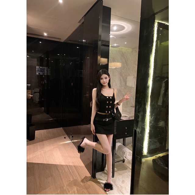 HUANG YOYO Áo Croptop Sát Nách Phối Dây Xích Thời Trang Mùa Hè Hàn Quốc Cho Nữ