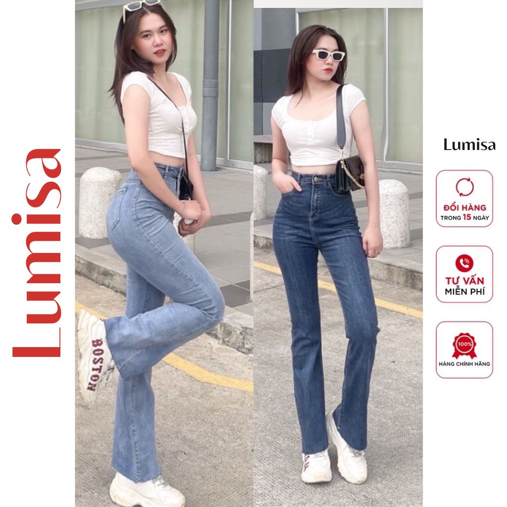 Quần jeans nữ ống loe co giãn lưng cao lai tua dài 100cm Lumisa