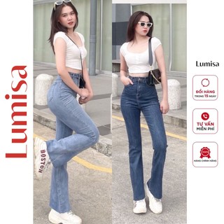 Quần jeans nữ ống loe co giãn lưng cao lai tua dài 100cm Lumisa