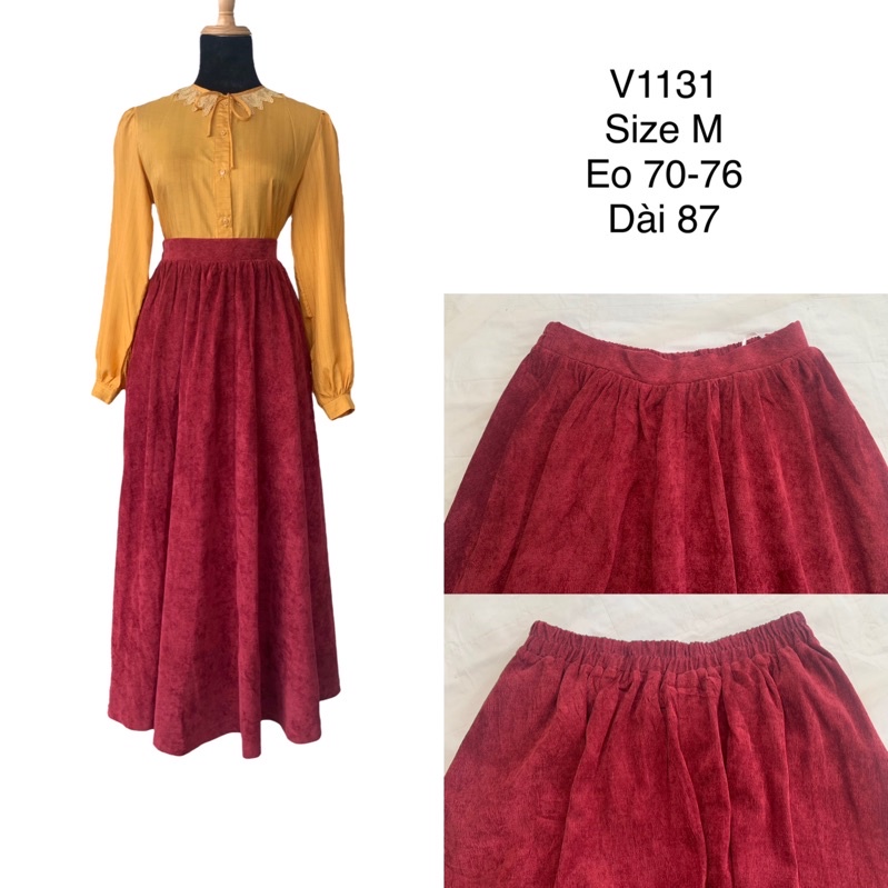 Chân váy xoè V1131 dáng dài cạp chun sau chất vải nhung tăm 2 lớp dày dặn 2hand Nhật si tuyển ảnh thật
