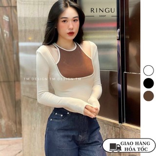 Áo kiểu nữ dài tay vạt bầu phối yếm siêu xinh- Ringu shop