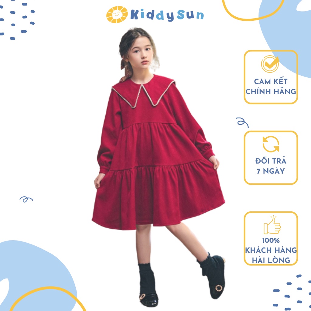 Váy bé gái KIDDY SUN đỏ cổ đính ngọc công chúa xinh đẹp cho trẻ em gái từ 2,3,4,5,6,7,8,9,10,11,12 tuổi [V335]