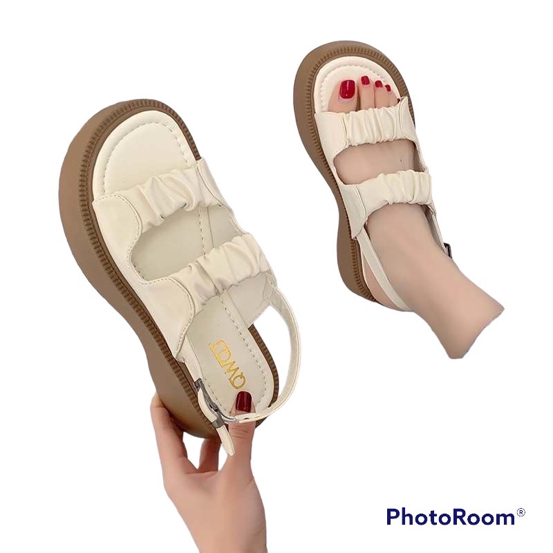 Giày Sandal Đế Dày Hở Ngón Quai Nhún Bèo  Phong Cách Hàn Quốc Thời Trang Mùa Hè Màu Đen 2022 Dành Cho Bạn Nữ