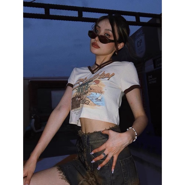 Áo thun croptop cổ tim cột dây [CÓ ẢNH THẬT] in logo BEERBRO phong cách retro chất thun cotton co dãn 4 chiều