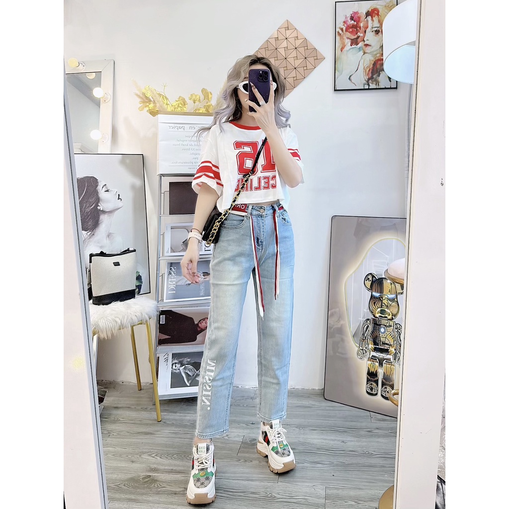 Quần baggy trơn dây đỏ chất jean co dãn hàng quảng châu m7559