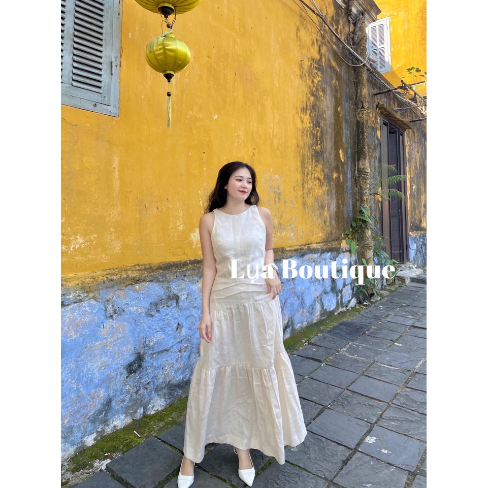 Đầm Linen Tưng Premium maxi dài màu kem sát nách