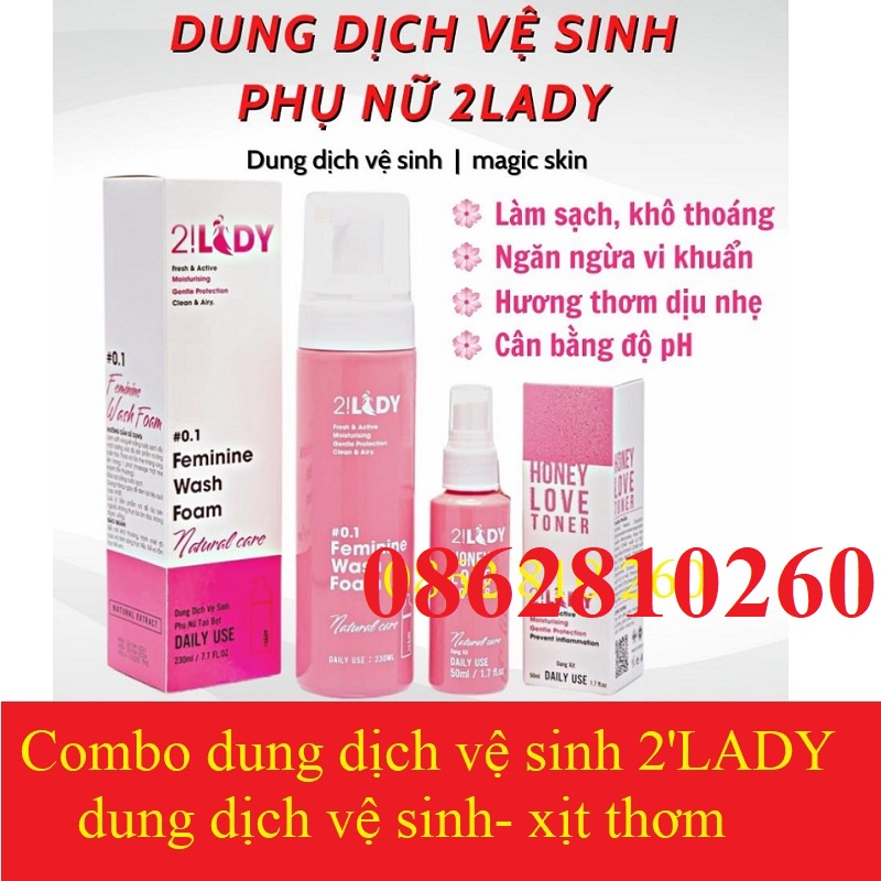COMBO Dung dịch vệ sinh phụ nữ tạo bọt 2LADY feminine wash foam và xịt thơm vùng kín honey love toner magic skin
