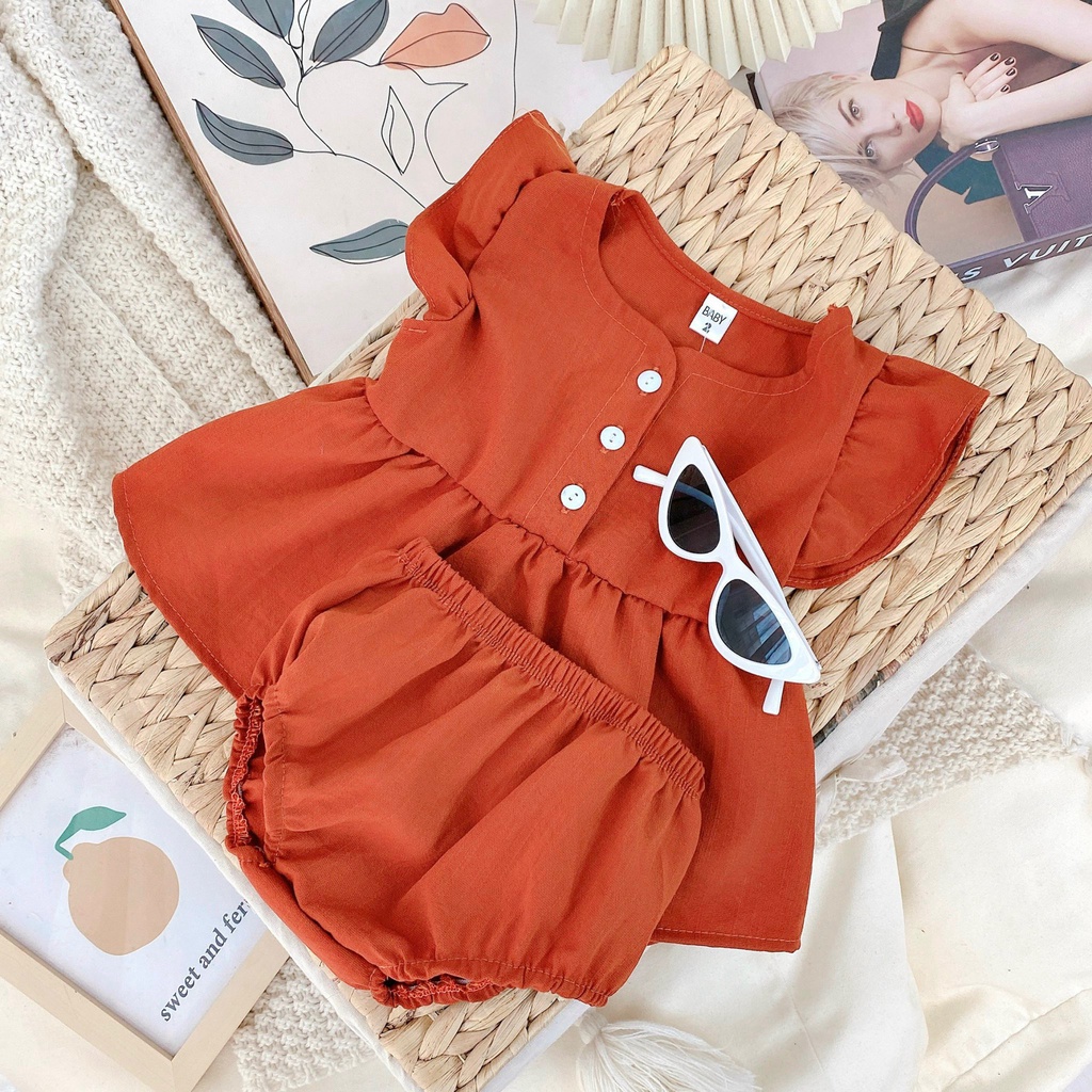 Bộ Cộc Tay Bé Gái, Set Áo Cánh Tiên Quần Chip Vải Đũi Mềm Cho Bé Gái Từ 6 - 16kg