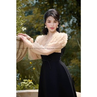 Đầm nữ bigsize, đầm thiết kế phối lưới tay dài dáng dài quý cô thượng lưu