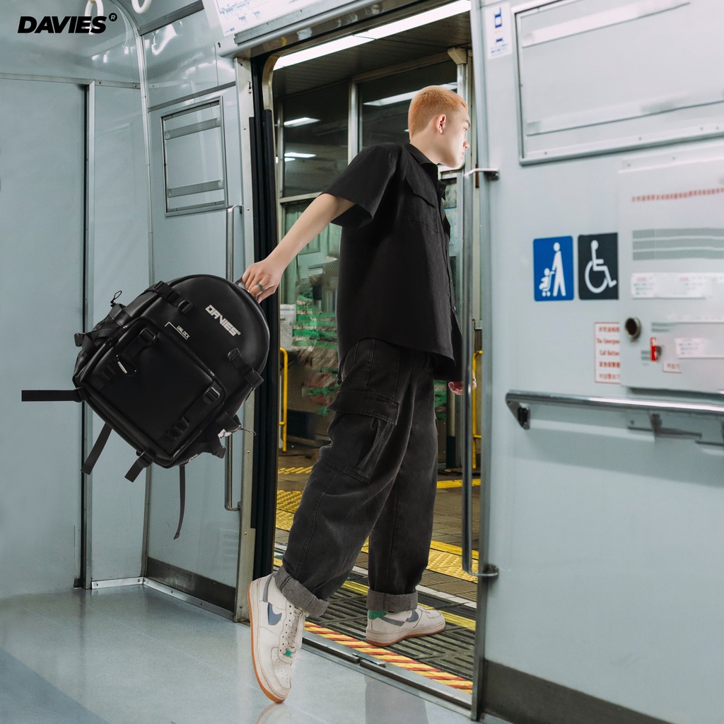 Balo đi học da nam nữ màu đen local brand Davies Leather Tactical Backpack