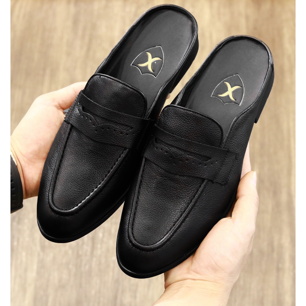 Giày sục nam da bò sần, da miu cao cấp đế cao su đúc - Bảo hành 12 tháng S011 màu đen