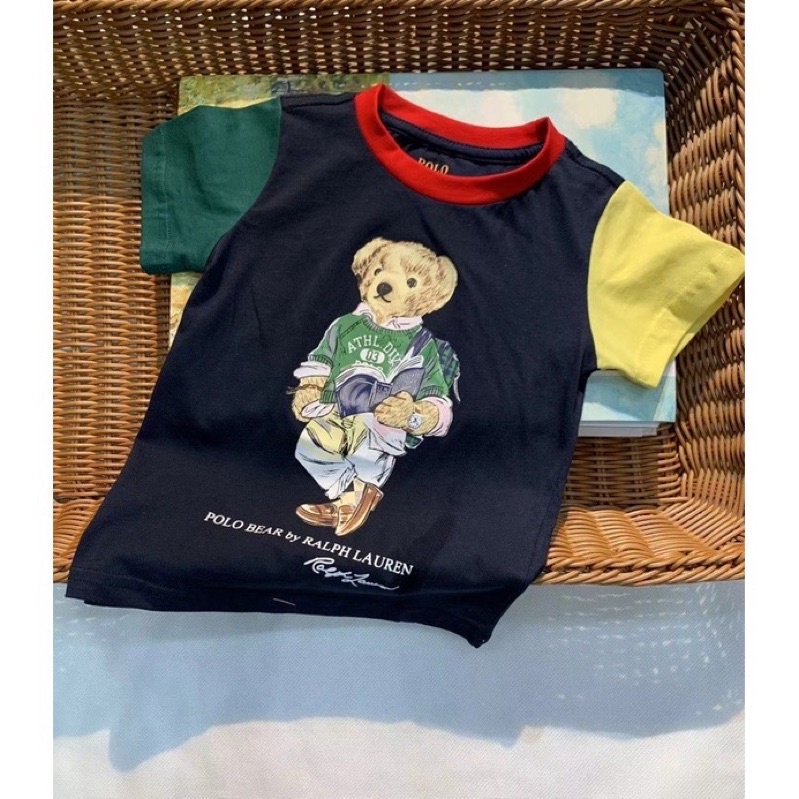Áo thun POLO hình con GẤU raplan đen cho bé trai size 2T-12T