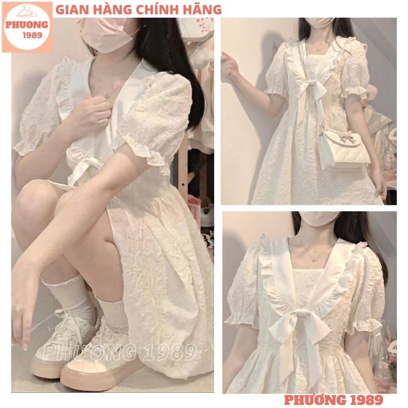 Váy gấm xốp cổ bèo nơ thiết kế tay bo dáng xòe cực xinh, Đầm tiểu thư gấm hoa nổi điệu đà phong cách Hàn quốc - 1989
