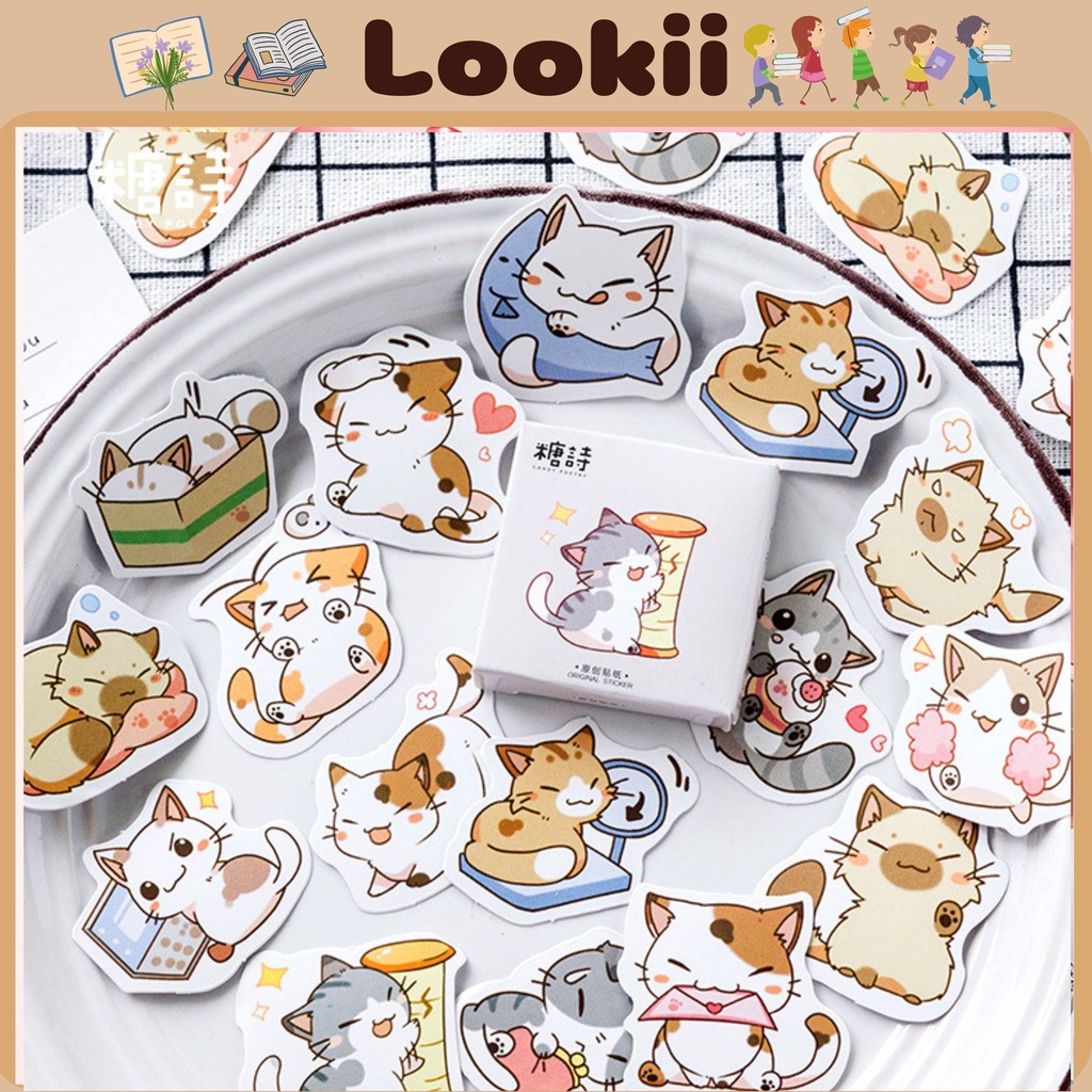 Sticker cute trang trí sổ set 40 miếng hình chú mèo con dễ thương Lookii, hình dán trang trí sổ tay, thiệp, quà