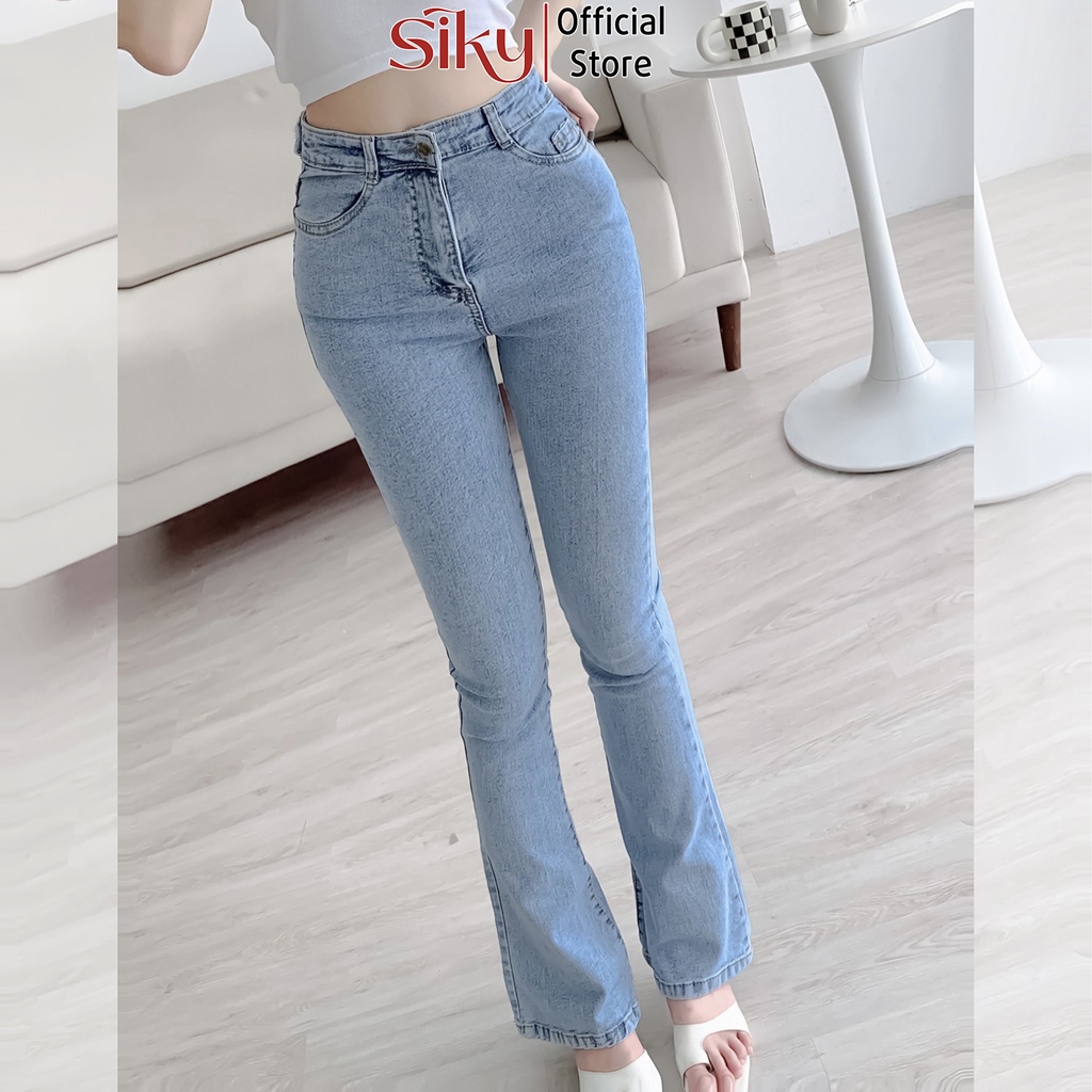 Quần jeans ống loe nữ SIKY lưng cao co giãn may gấu phong cách Hàn Quốc - QJ16