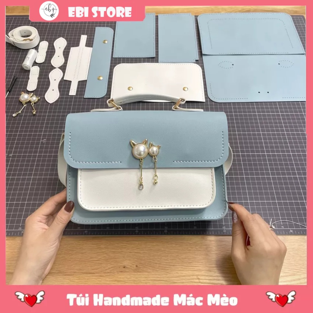 Túi Handmade, Túi Tự Đan Da PU Phối Màu Mác Đôi Mèo Xinh Xắn (Set Nguyên Liệu Tự Làm)