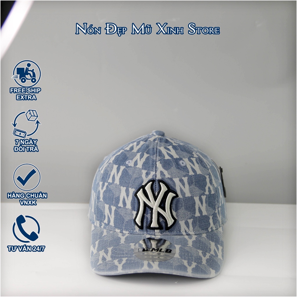 NÓN LƯỠI TRAI & Bucket MLB JEAN WAX KOREA , chất vải jean xanh phối monogram trắng, thời trang chính hãng cao cấp