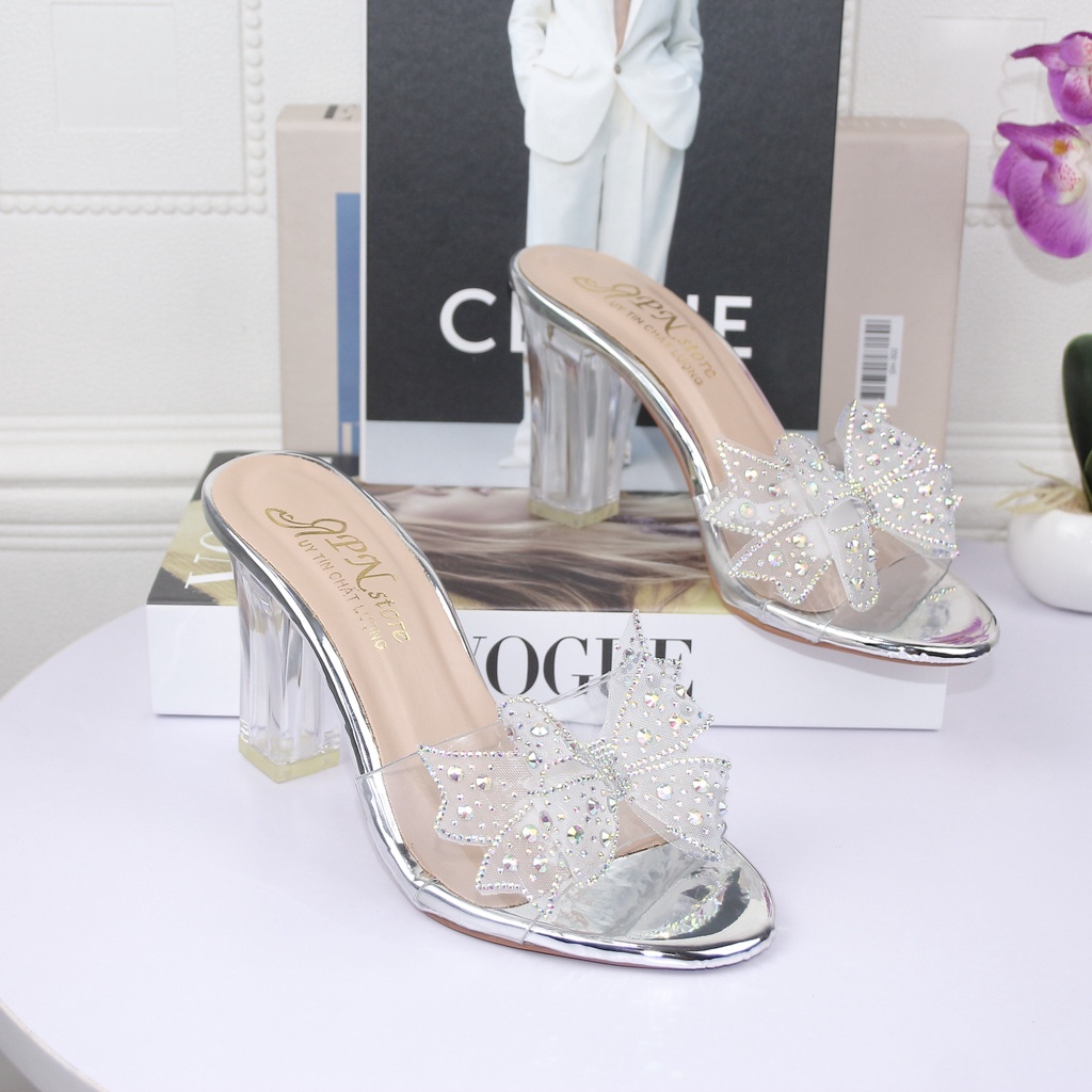 Giày cao gót vuông trong 7p/9p quai bản trong kết nơ đính đá pha lê G22 - kèm ảnh thật