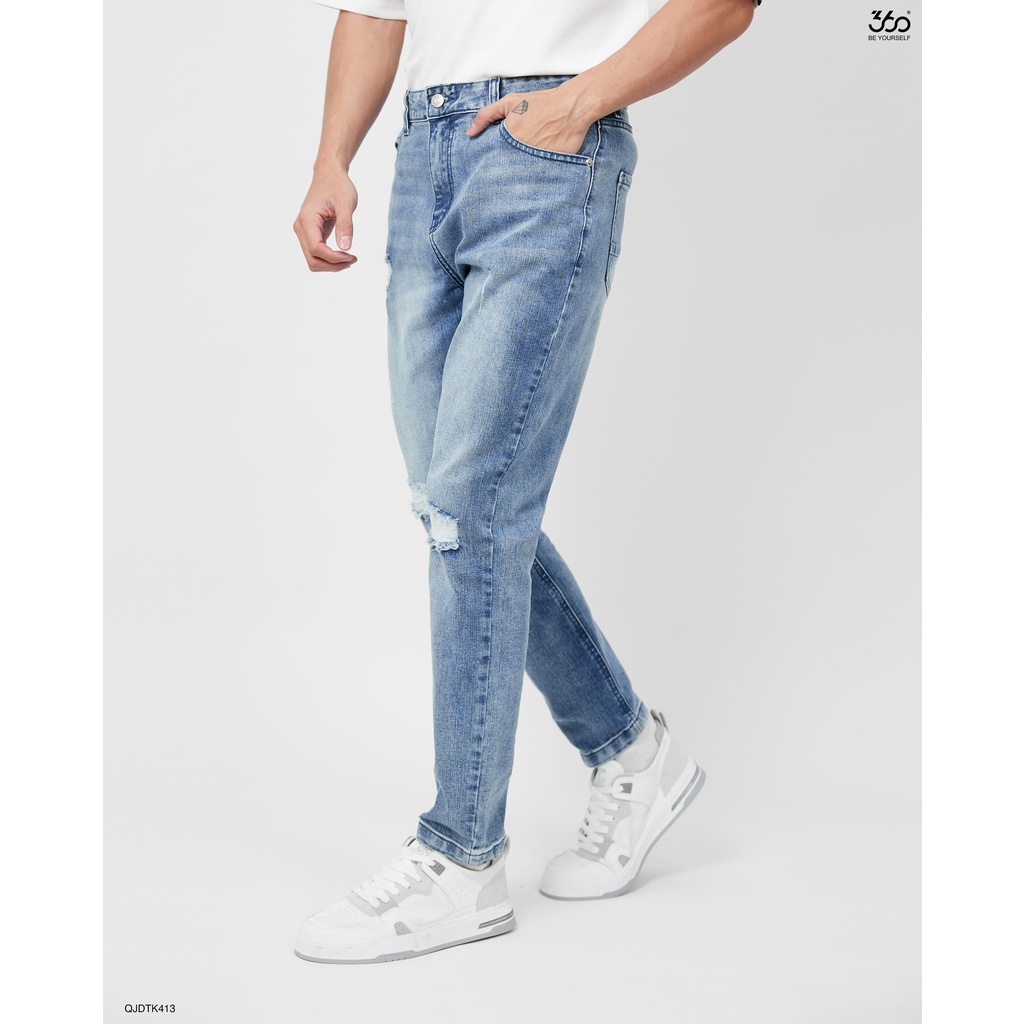 Quần jean nam rách màu xanh denim thương hiệu 360 Boutique form slimfit trẻ trung - QJDTK413