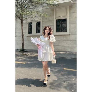 Đầm Gấm Hoa Nổi Cổ Bèo