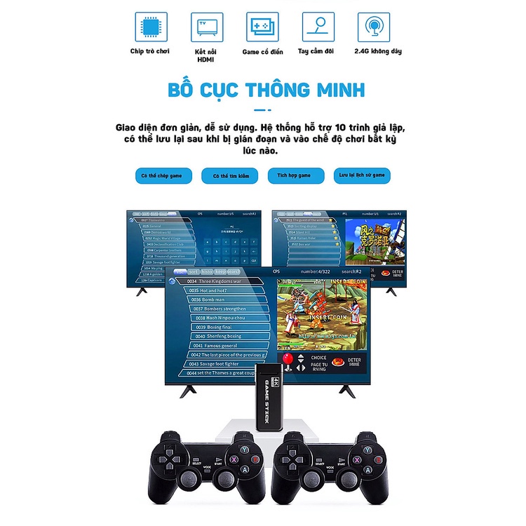 Máy Chơi Game Điện Tử 4 Nút Game Stick HDMI 3000+/10000+ Trò Chơi, Kết nối HDMI, 4K kết nối với ti vi，32GB/64GB