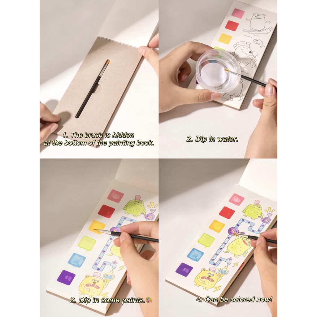 Tranh tô màu nước Watercoloring Painting 20 trang sẵn mầu và bút lông - nhiều mẫu khác cho bé từ 3 tuổi